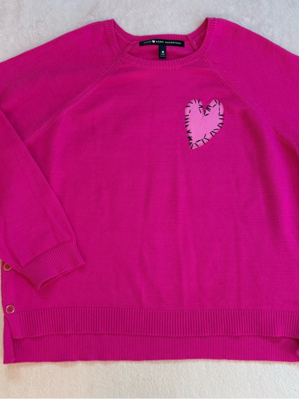 Aqua x Kerri Rosenthal Collab Hot Pink Crewneck Sweater with Heart Patch Sz XL - Picture 2 of 9